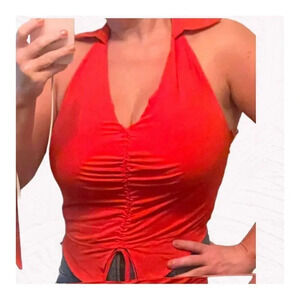 Milk & Honey Halter Corset Top Red Ruched Front Notched Hem Women’s Size L